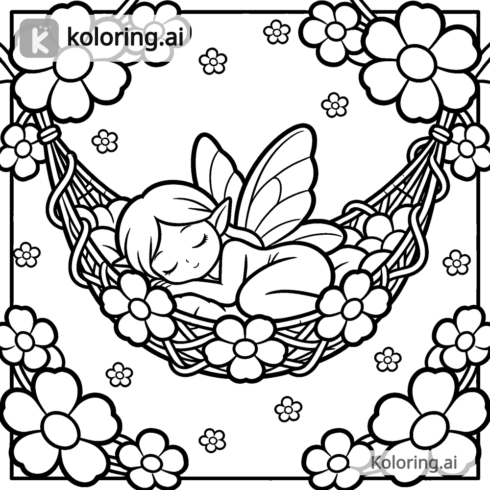 Black and white coloring page of fairy sleeping in a blossom hammock