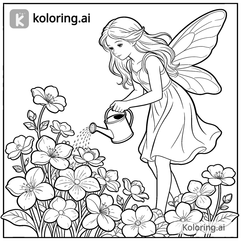 Black and white coloring page of fairy watering magical flowers