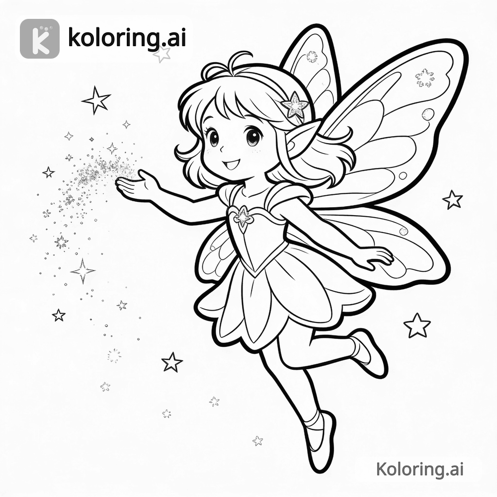 Black and white coloring page of fairy with butterfly wings spreading sparkle dust