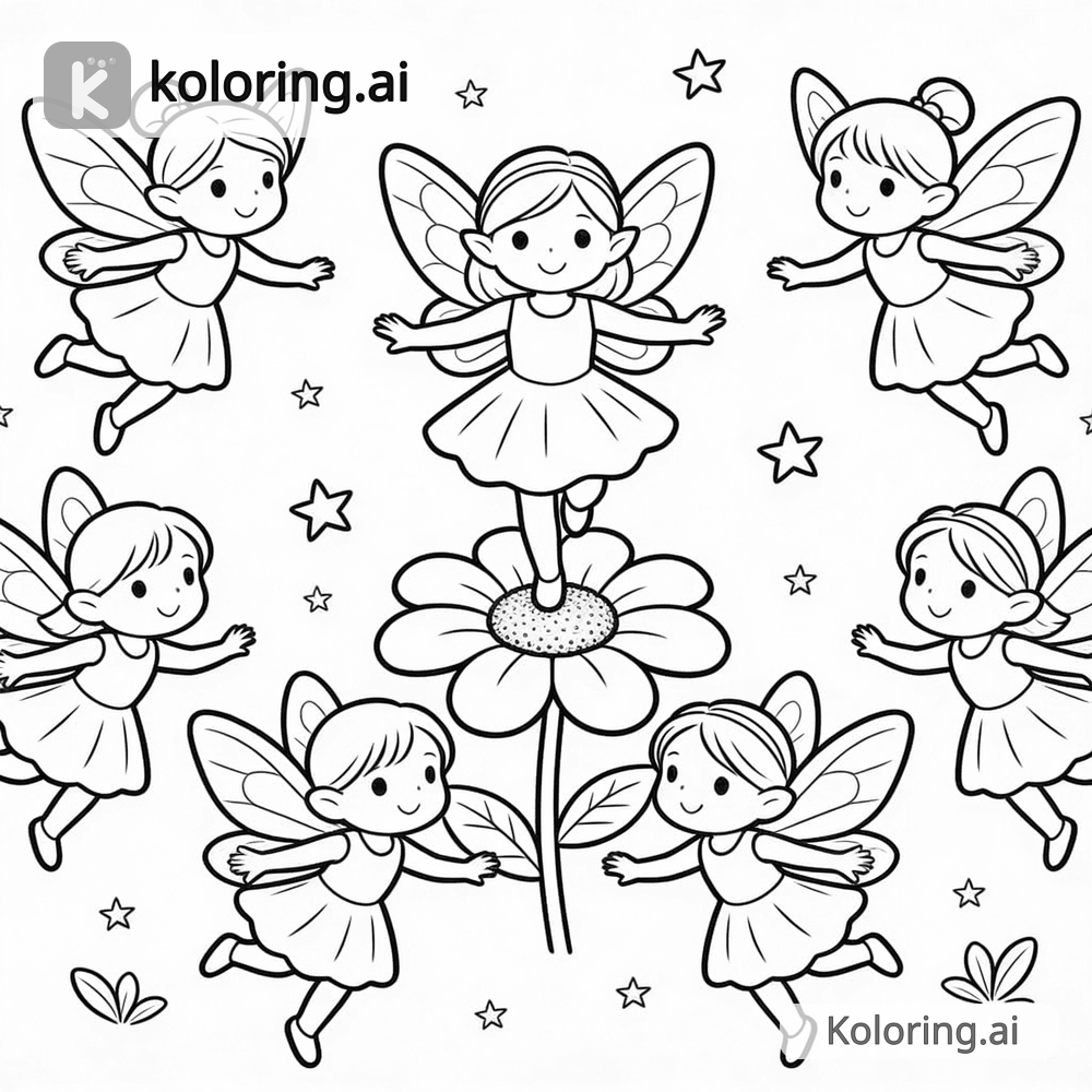 Black and white coloring page of group of fairies dancing around a flower