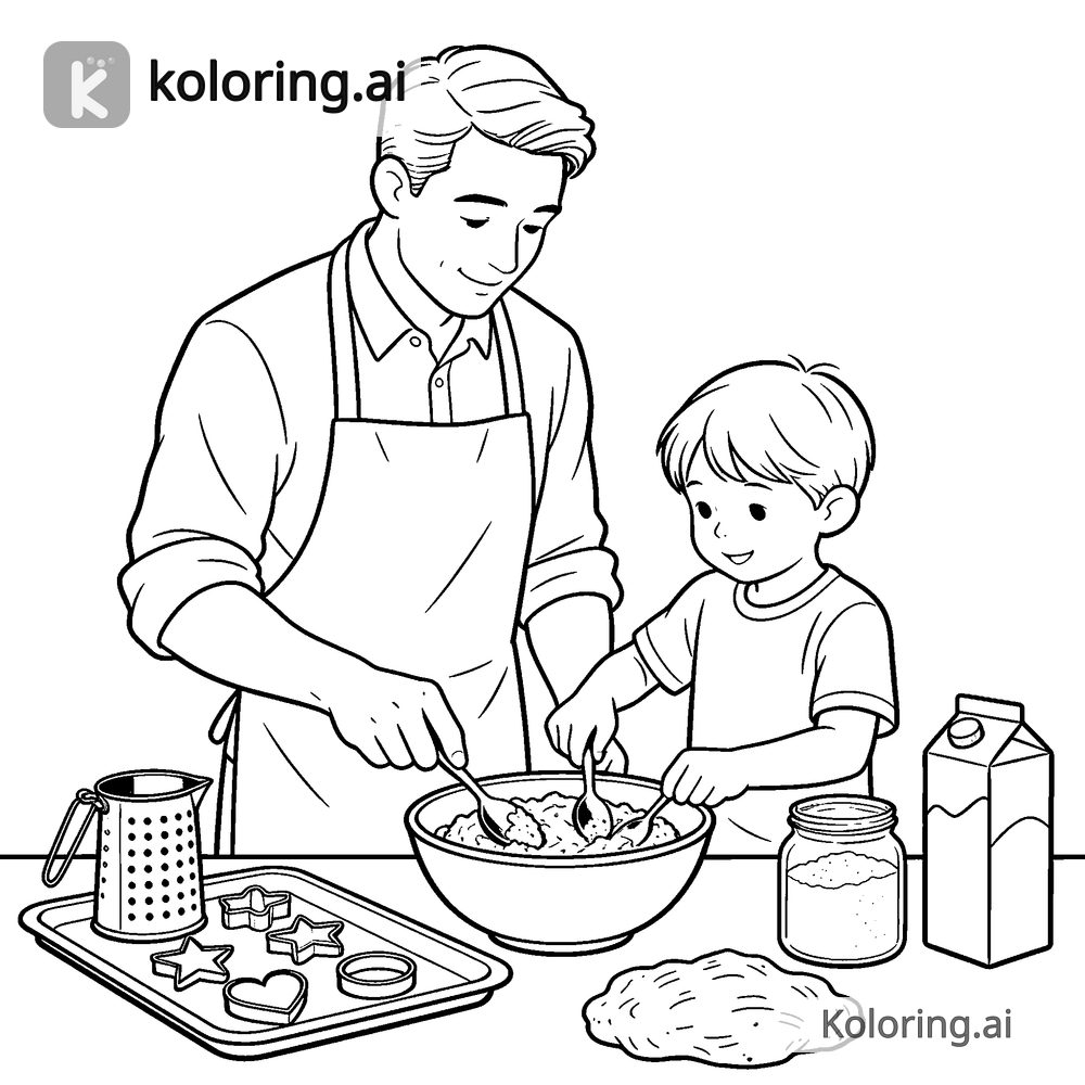 Black and white coloring page of dad and child baking cookies together