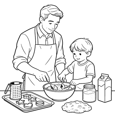 Black and white coloring page of dad and child baking cookies together