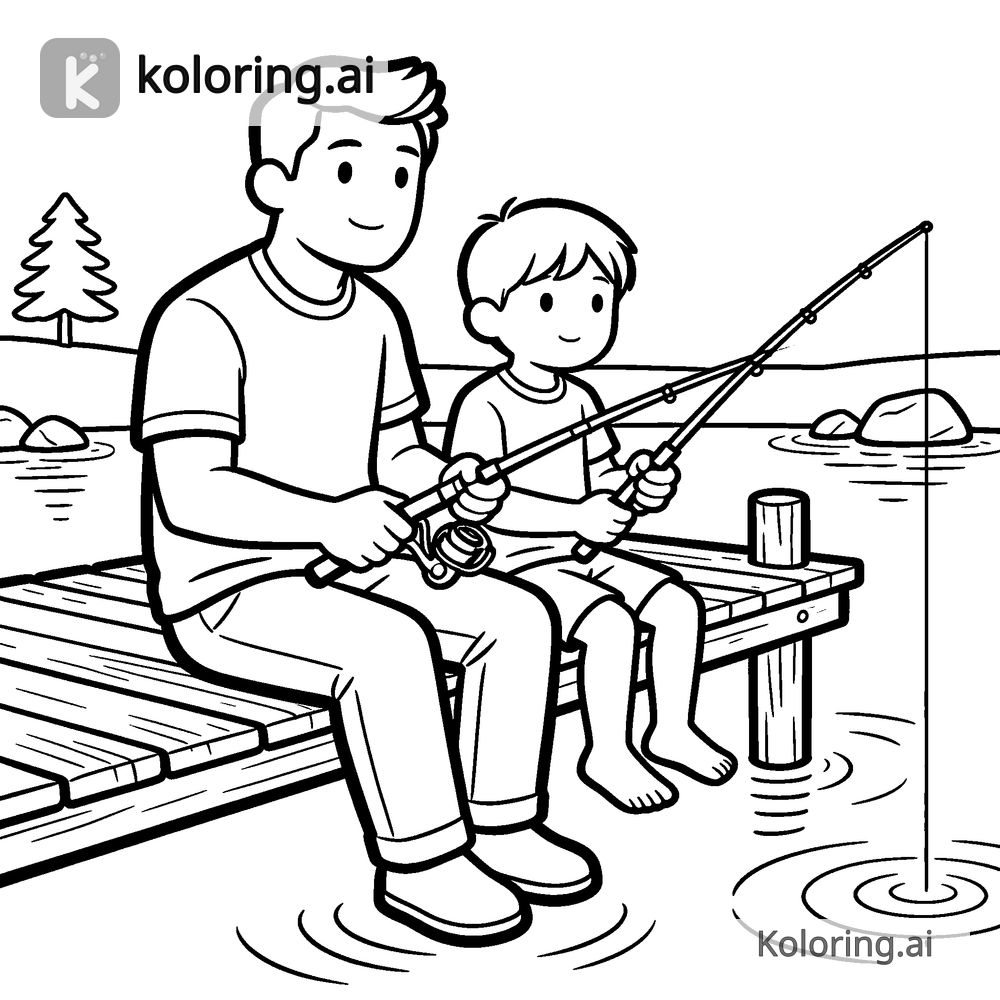 Black and white coloring page of dad and child fishing together