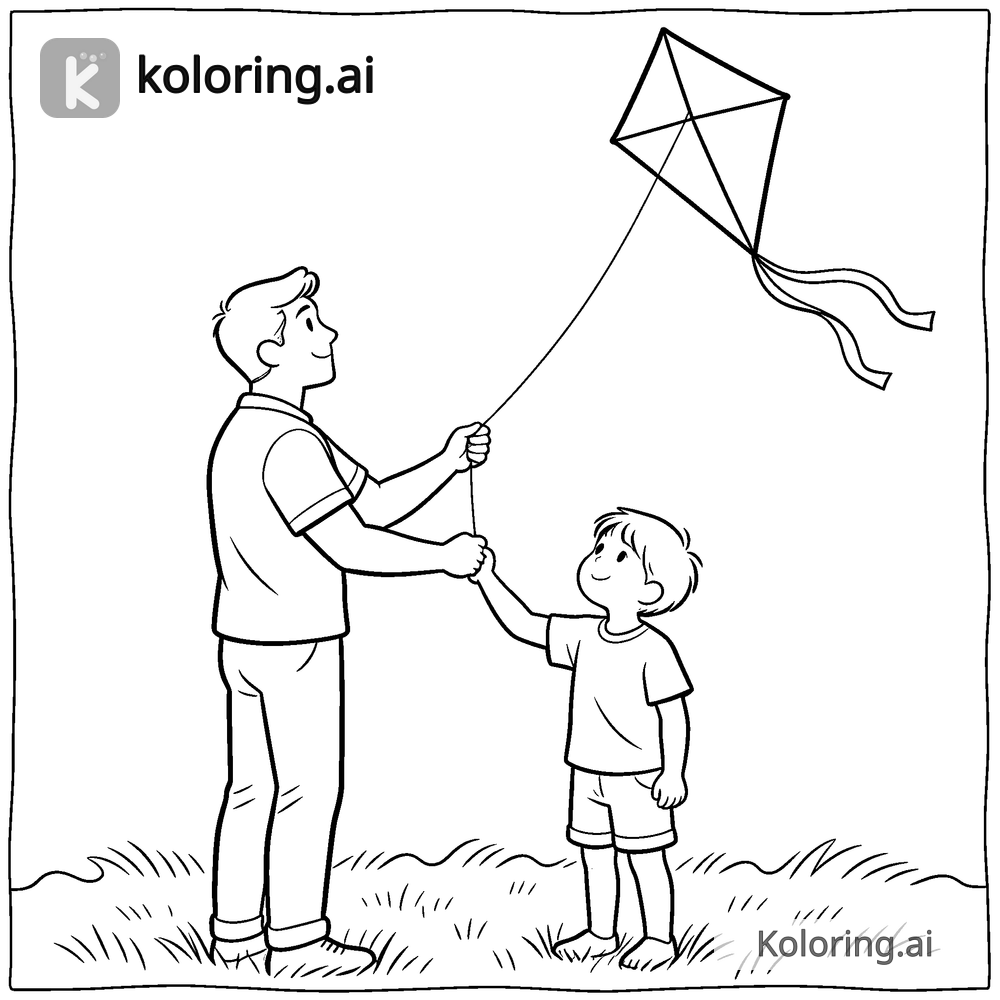 Black and white coloring page of dad and child flying a kite