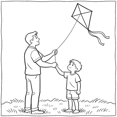 Black and white coloring page of dad and child flying a kite