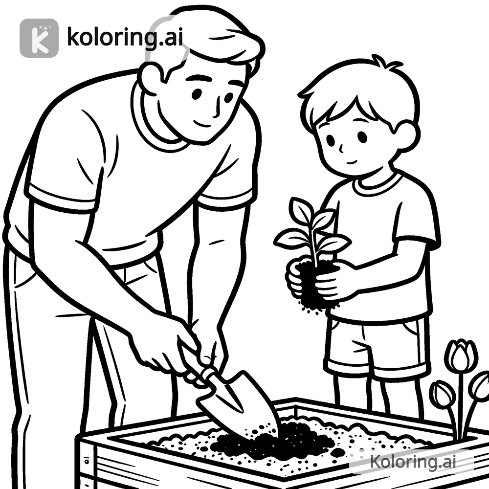 Black and white coloring page of dad and child gardening together