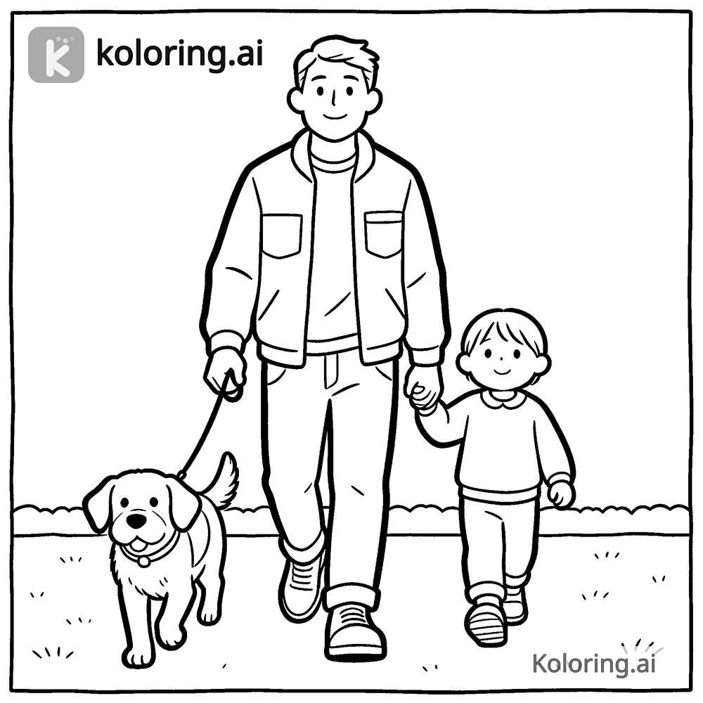 Black and white coloring page of dad and child walking the dog