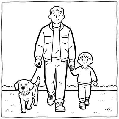 Black and white coloring page of dad and child walking the dog