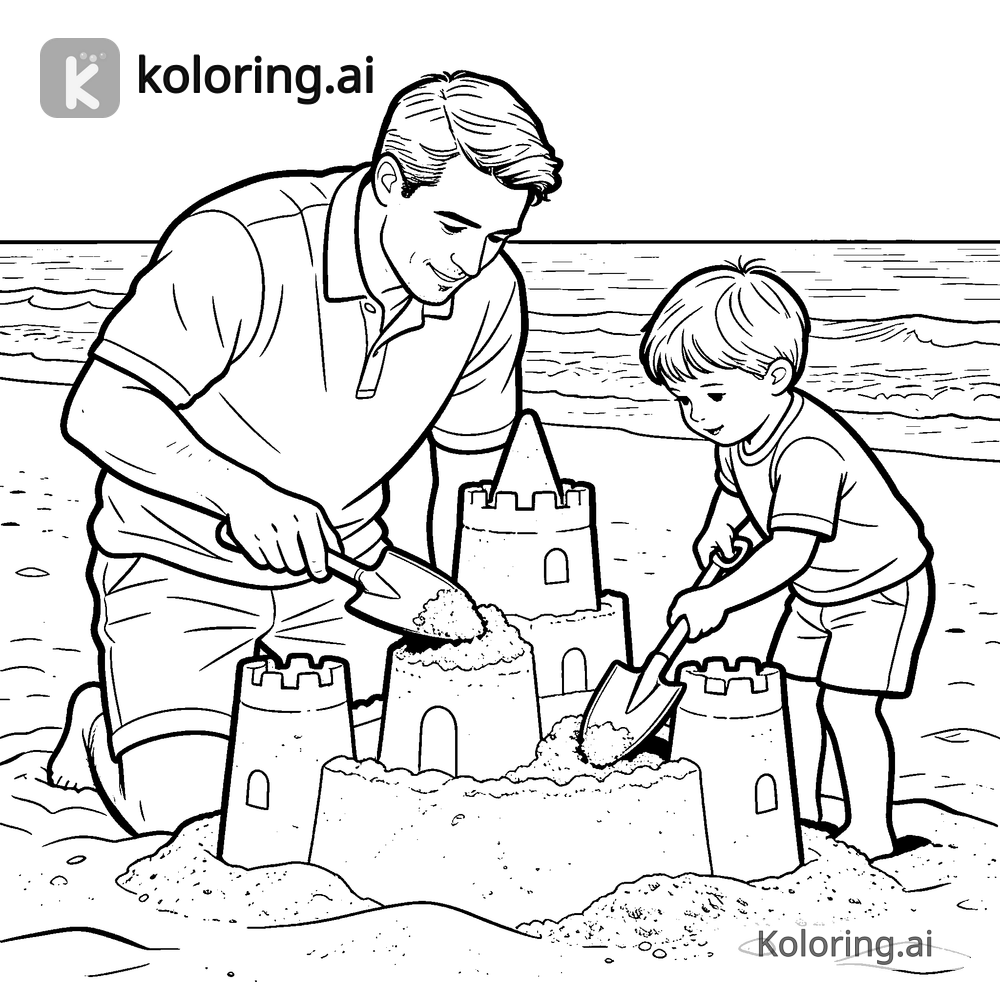 Black and white coloring page of dad and kid building a sandcastle