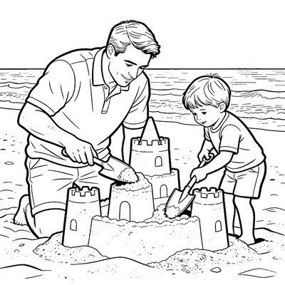 Black and white coloring page of dad and kid building a sandcastle