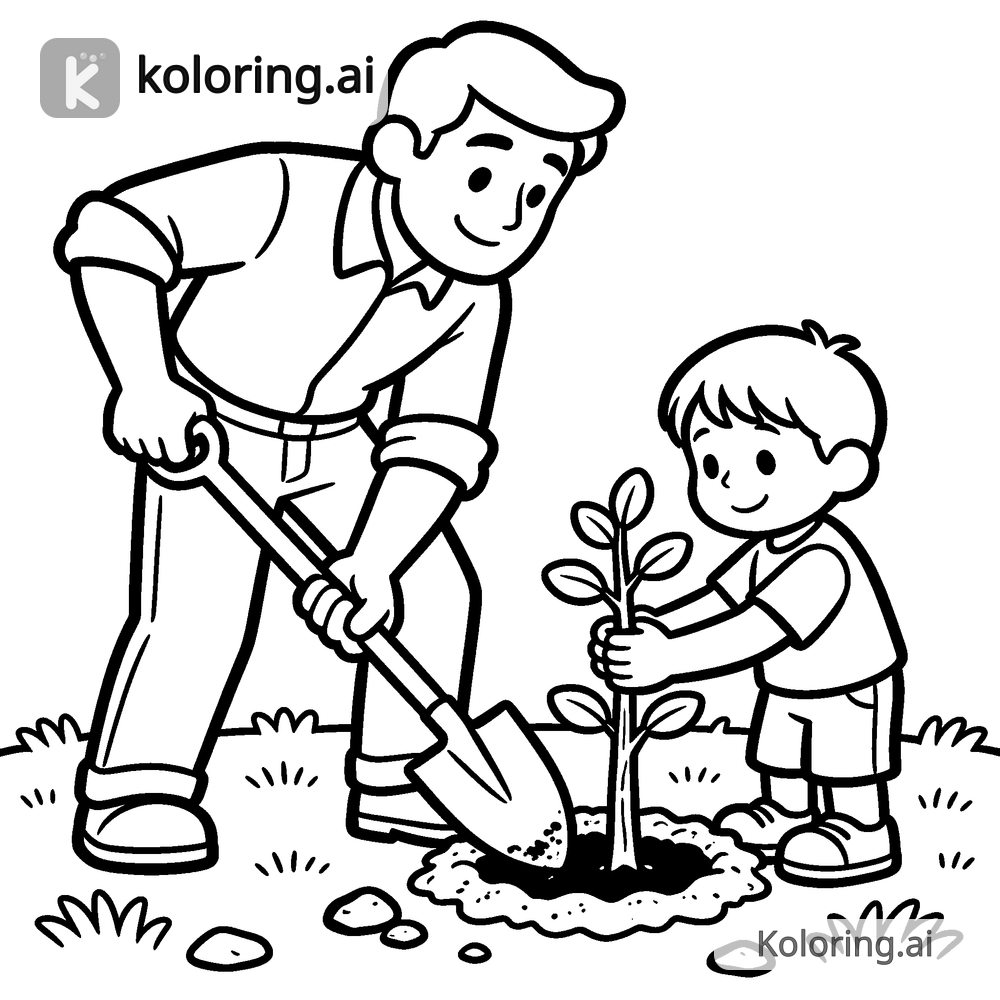 Black and white coloring page of dad and kid planting a tree