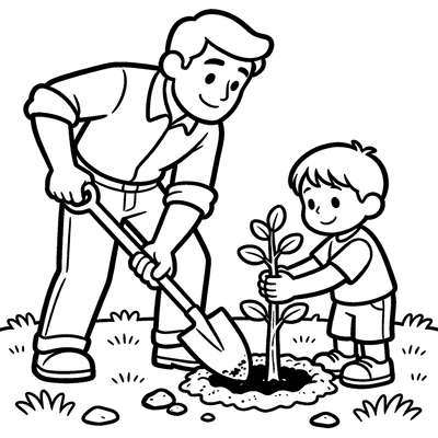 Black and white coloring page of dad and kid planting a tree