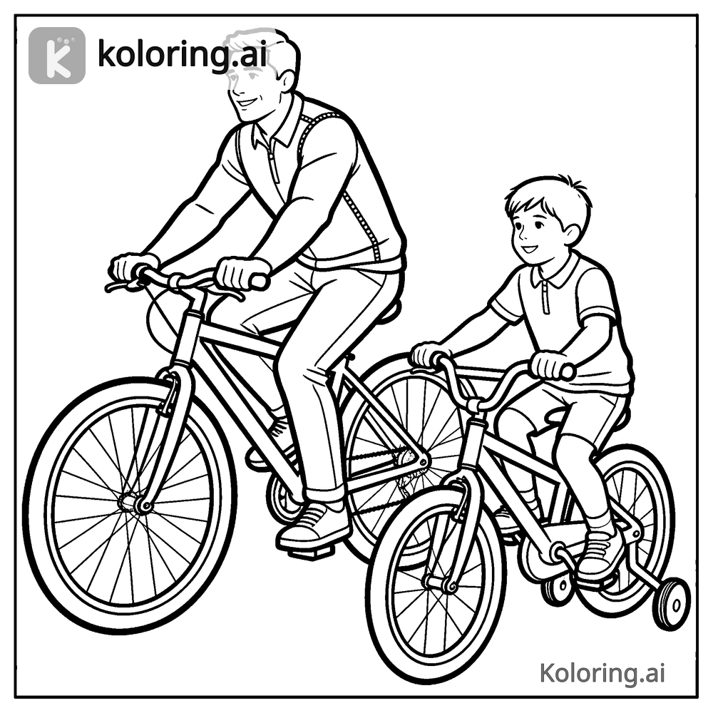 Black and white coloring page of dad and kid riding bikes