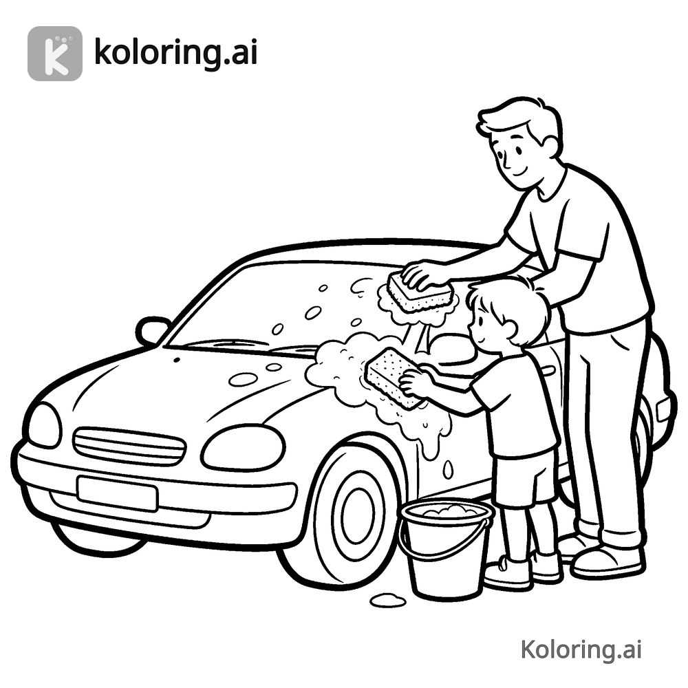 Black and white coloring page of dad and kid washing the car