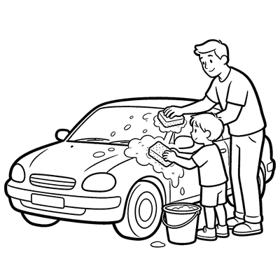 Black and white coloring page of dad and kid washing the car