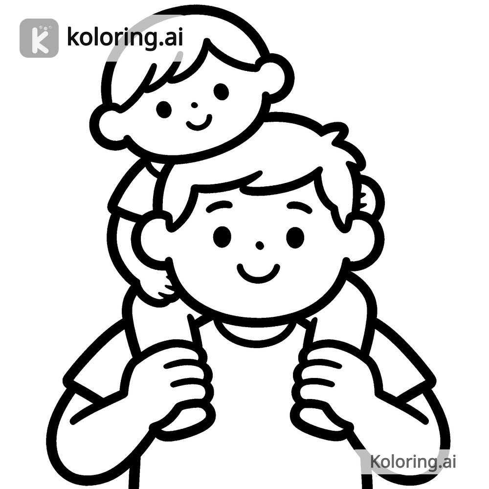 Black and white coloring page of dad carrying child on shoulders