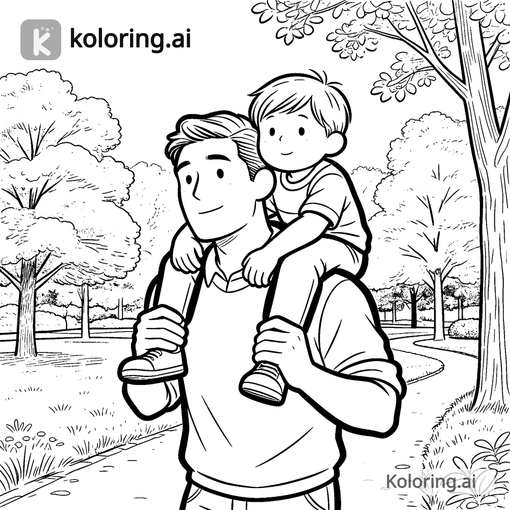 Black and white coloring page of dad carrying child piggyback through a park