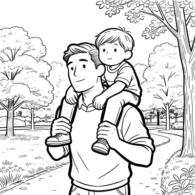 Black and white coloring page of dad carrying child piggyback through a park