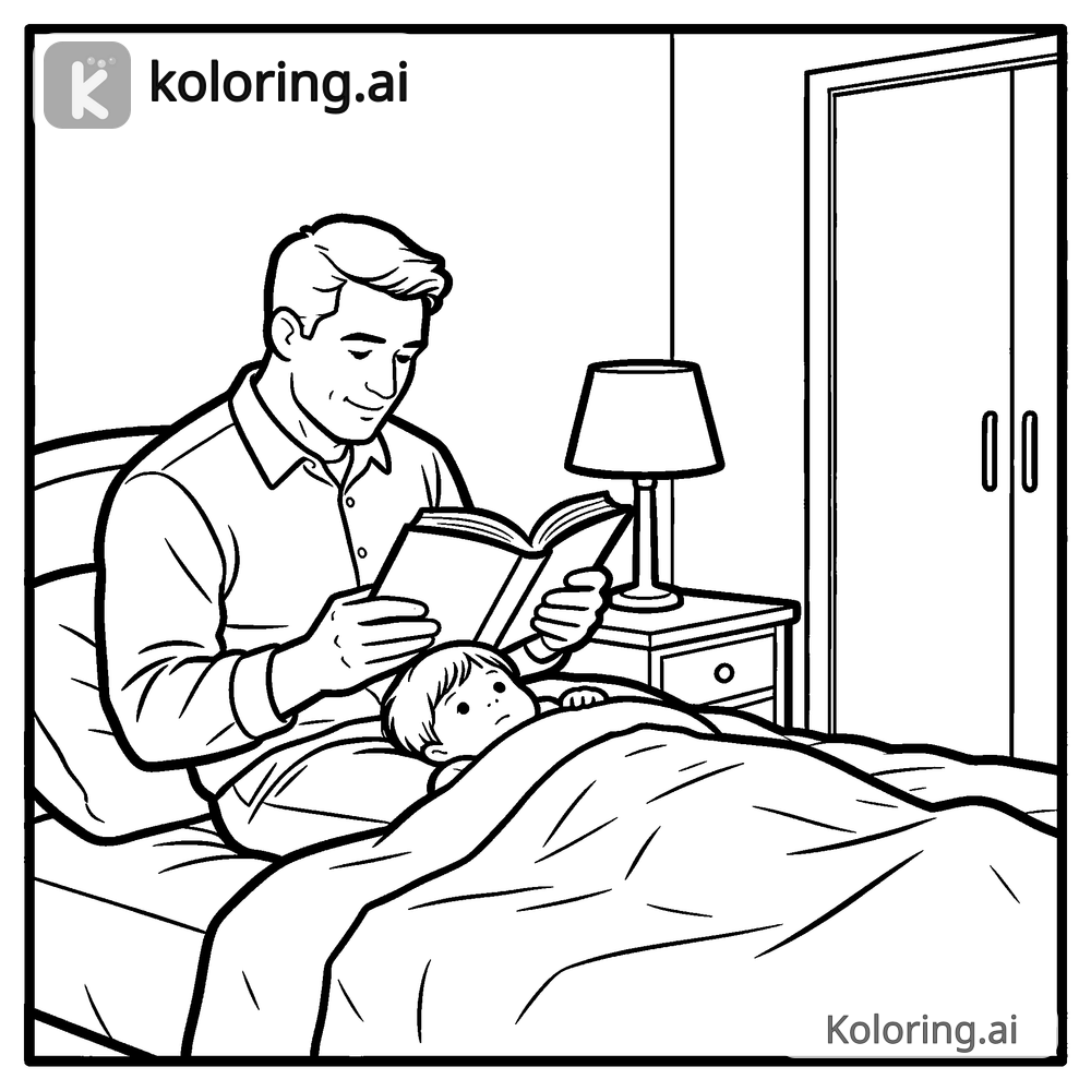 Black and white coloring page of dad reading a bedtime story
