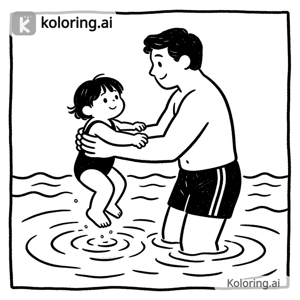 Black and white coloring page of dad teaching a kid to swim