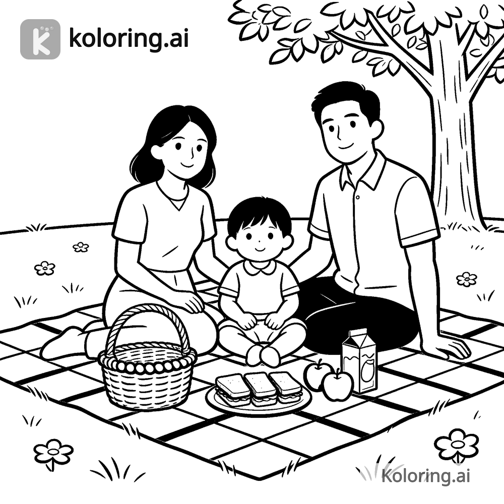 Black and white coloring page of family picnic in the park