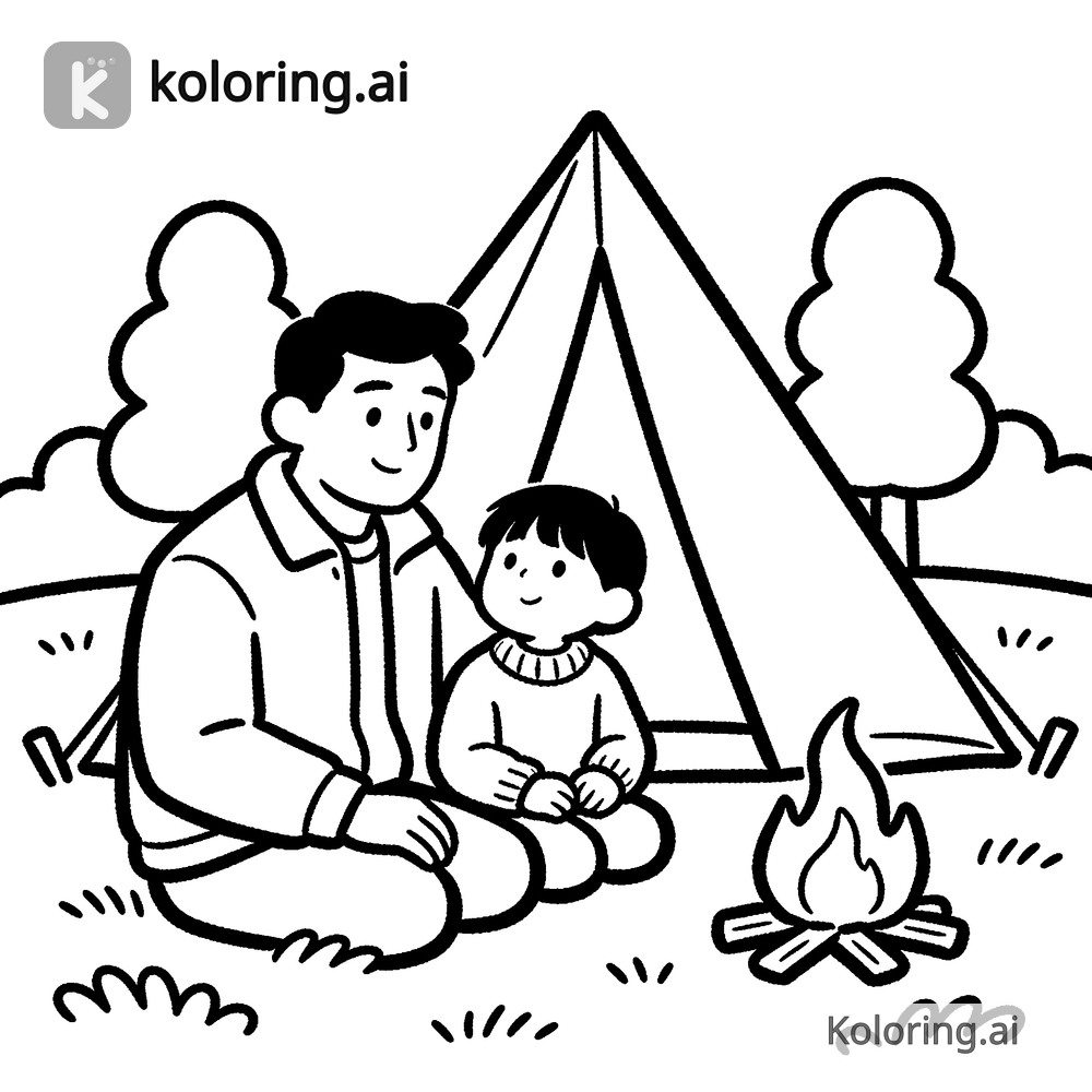 Black and white coloring page of father and child camping by a tent