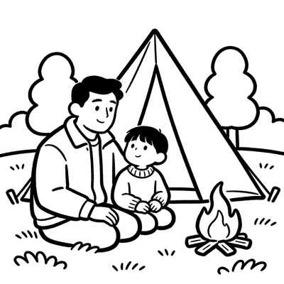 Black and white coloring page of father and child camping by a tent