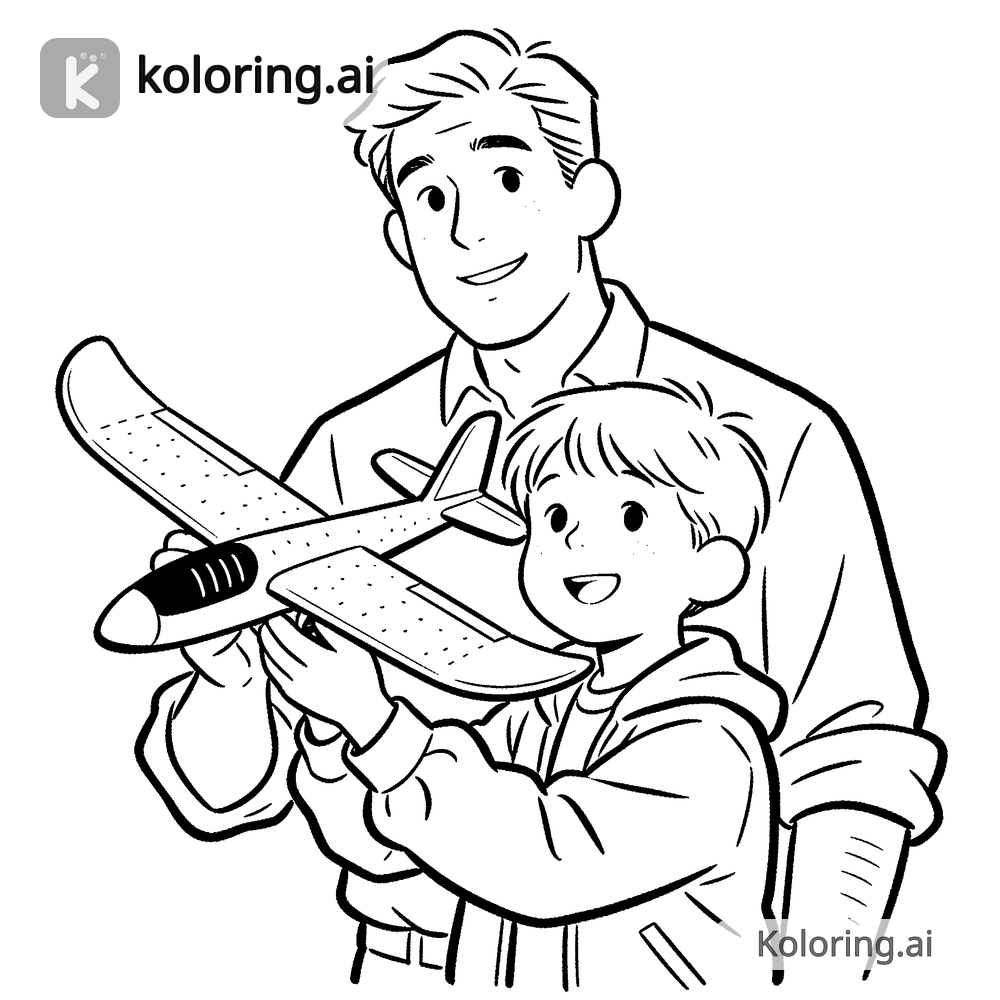 Black and white coloring page of father helping child fly a model plane