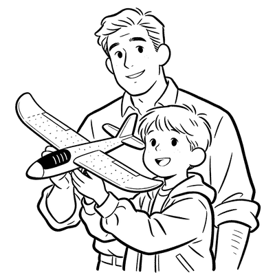 Black and white coloring page of father helping child fly a model plane
