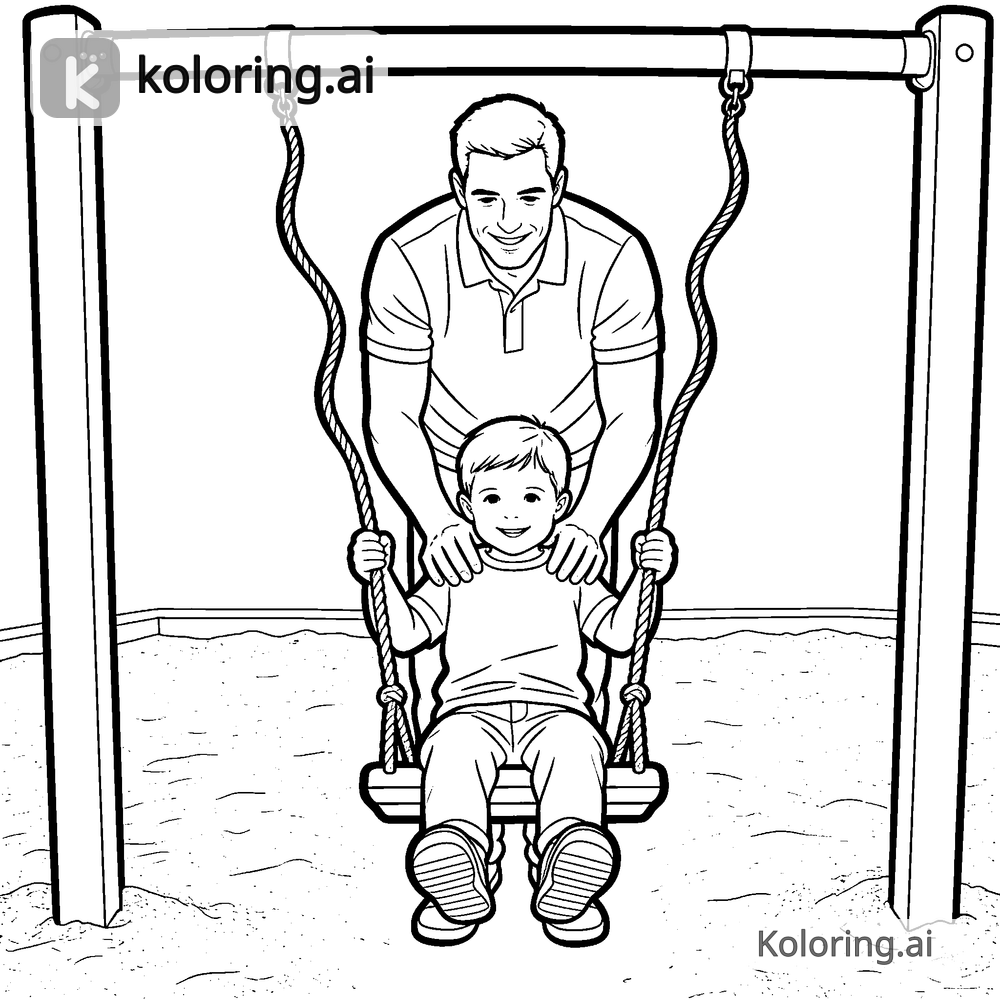 Black and white coloring page of father pushing child on a swing