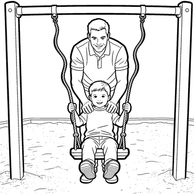 Black and white coloring page of father pushing child on a swing