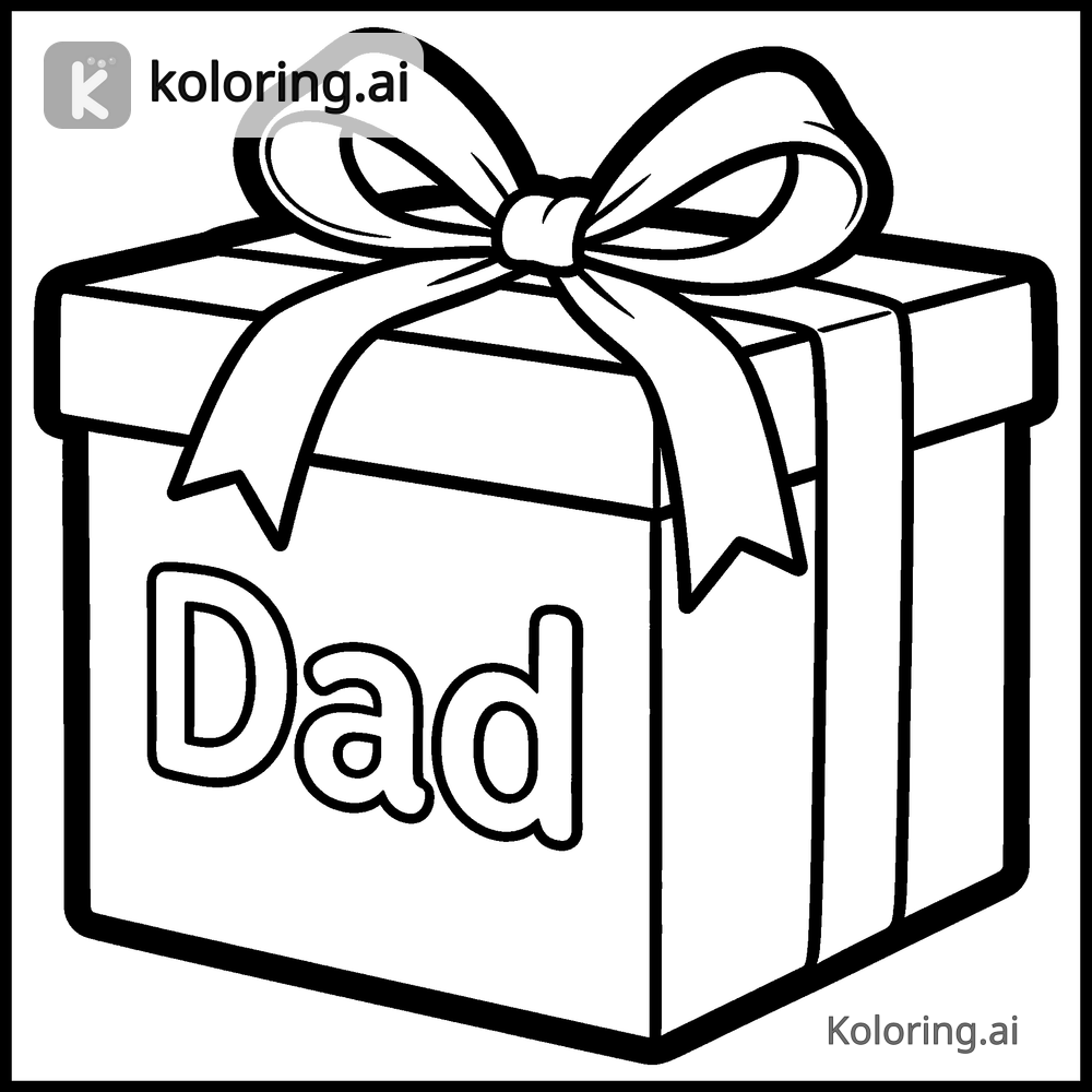 Black and white coloring page of gift box with a ribbon for dad