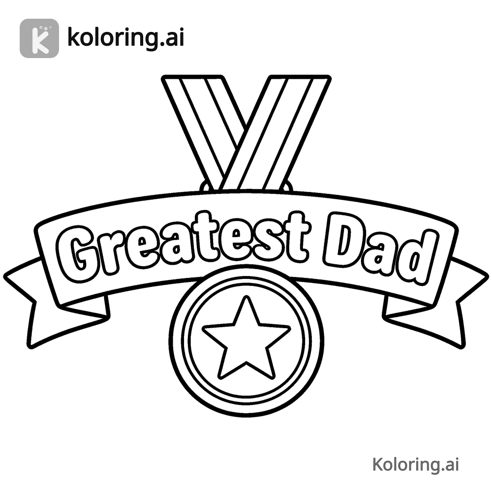 Black and white coloring page of medal ribbon "greatest dad"