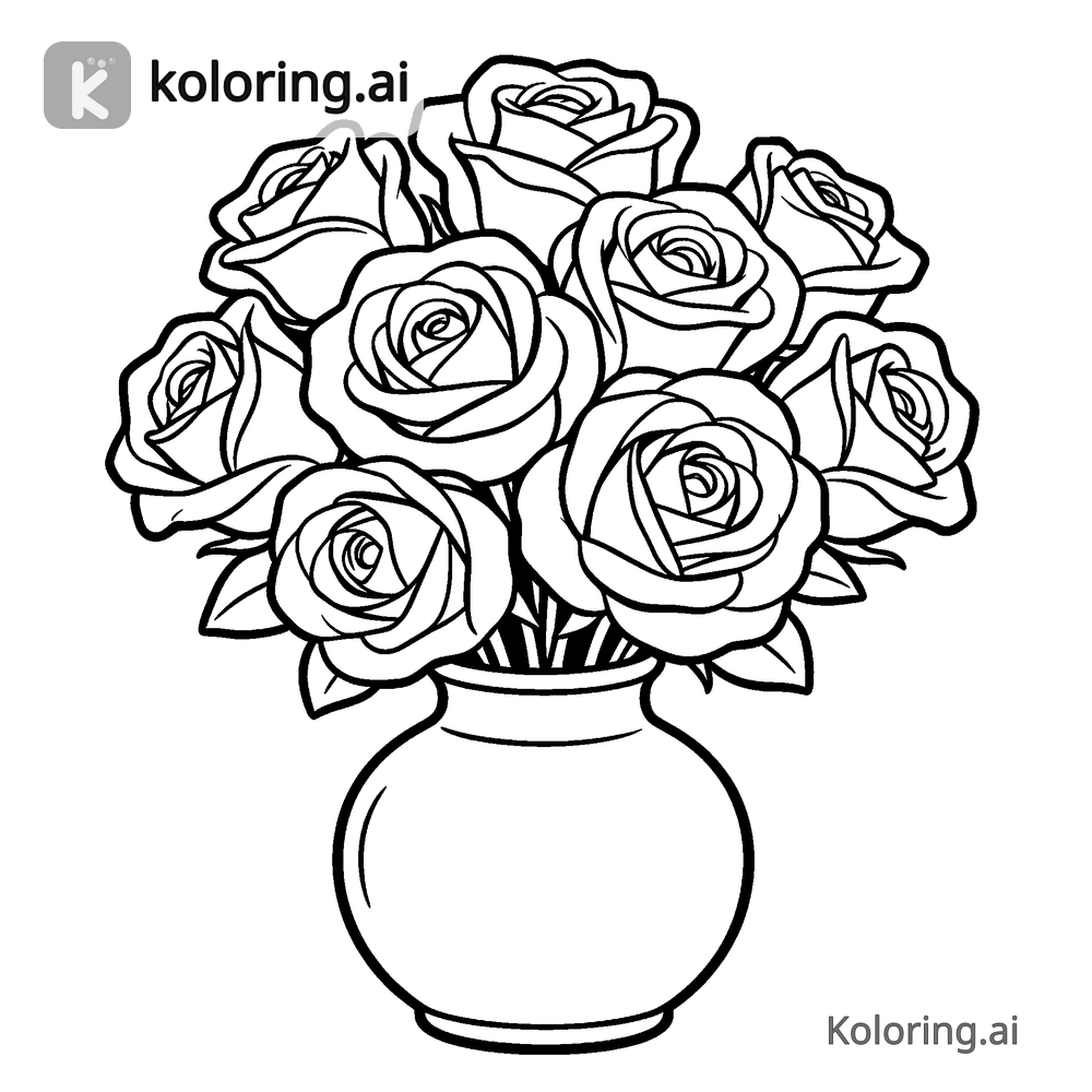 Black and white coloring page of bouquet of roses in a vase