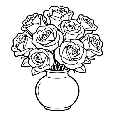 Black and white coloring page of bouquet of roses in a vase
