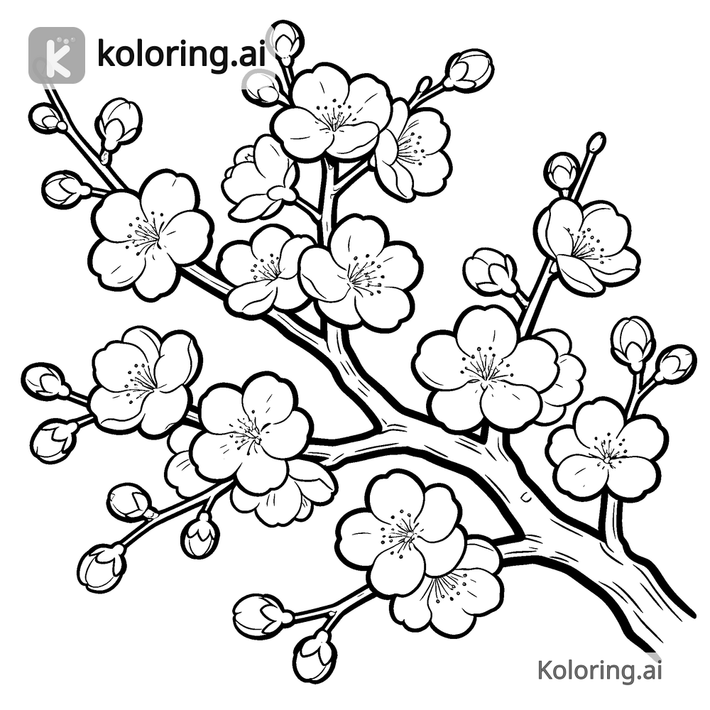 Black and white coloring page of cherry blossom branch in bloom