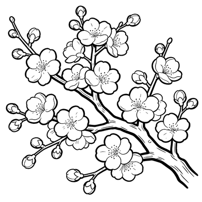Black and white coloring page of cherry blossom branch in bloom