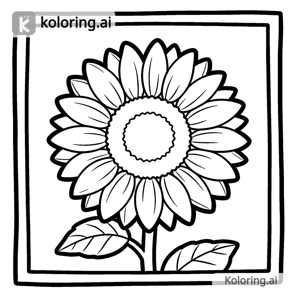 Black and white coloring page of single sunflower with leaves