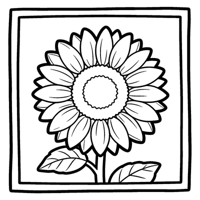 Black and white coloring page of single sunflower with leaves