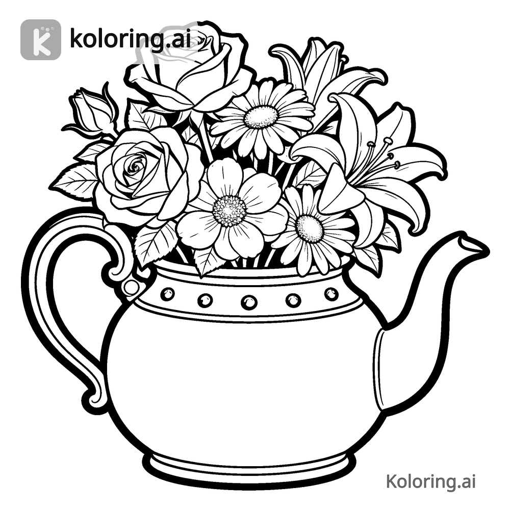 Black and white coloring page of vintage teapot overflowing with blossoms
