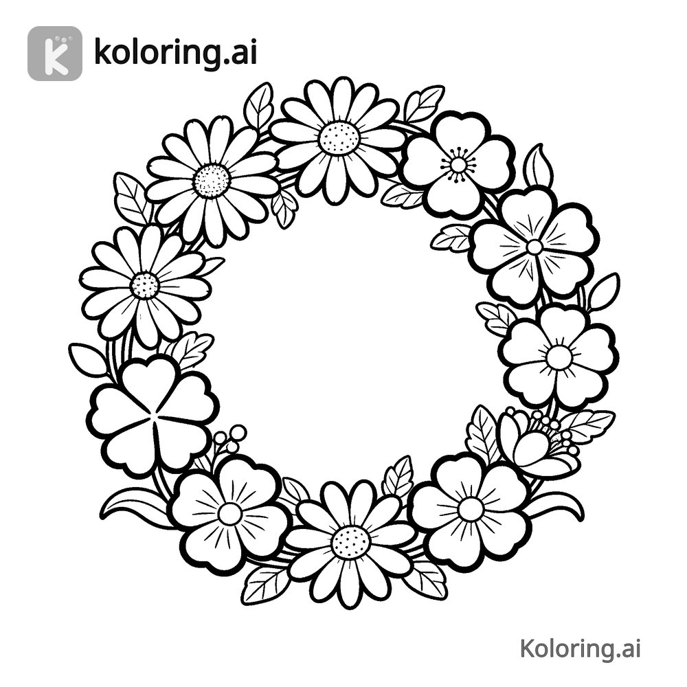 Black and white coloring page of wreath of wildflowers