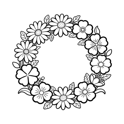 Black and white coloring page of wreath of wildflowers