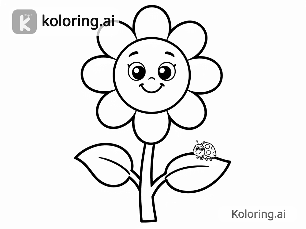 Black and white coloring page of big sunflower with a ladybug on a leaf