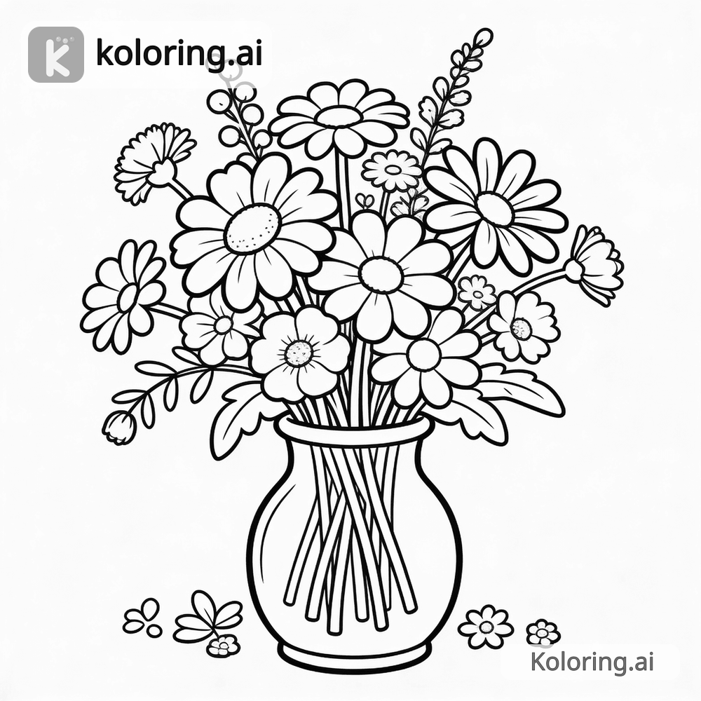 Black and white coloring page of bouquet of wildflowers in a vase