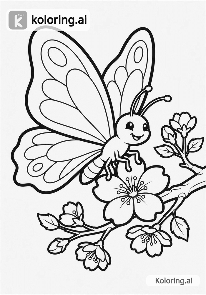 Black and white coloring page of butterfly landing on a cherry blossom