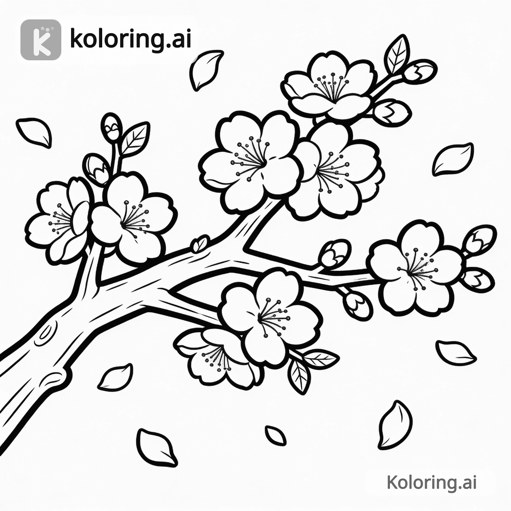 Black and white coloring page of cherry blossom tree branch with petals falling