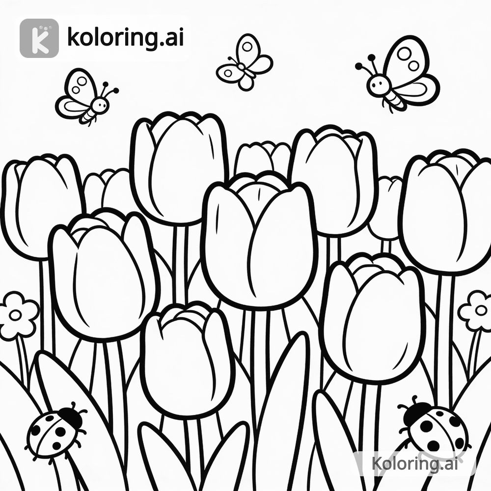 Black and white coloring page of field of tulips in spring