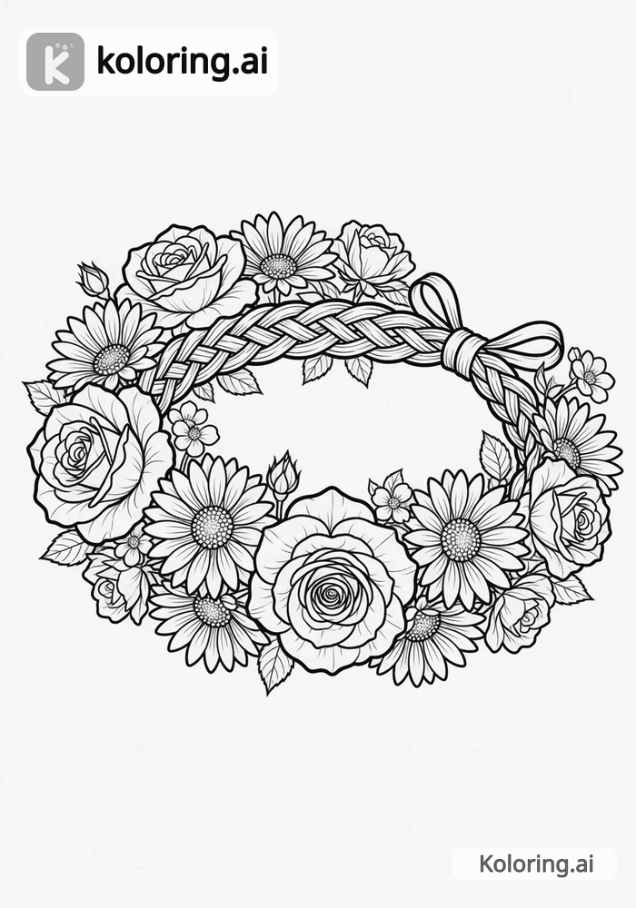 Black and white coloring page of flower crown made of roses and daisies