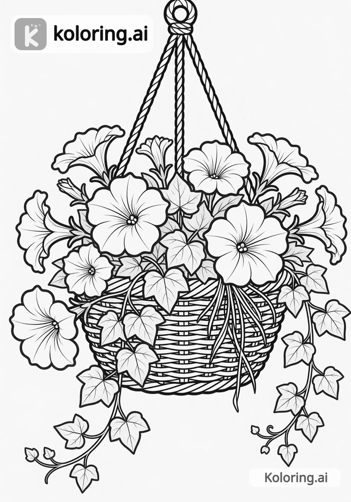 Black and white coloring page of hanging basket of petunias and ivy