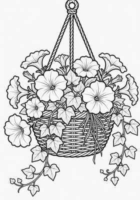 Black and white coloring page of hanging basket of petunias and ivy